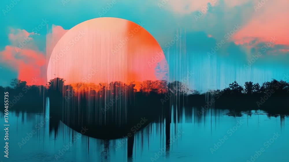 Abstract sunset over water with pixel sorted effect. Digital glitch art of landscape. Modern nature visualization concept.