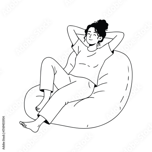 A relaxed woman sitting on bean bag chair with happy expression in minimalist line illustration