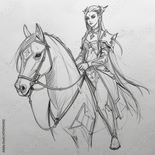 Fantasy elf woman riding a horse, detailed pencil sketch illustration