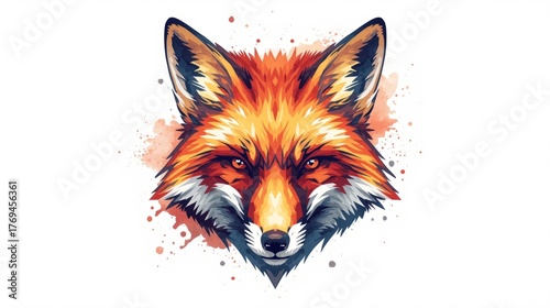 Vibrant watercolor illustration of a fox head on a white background