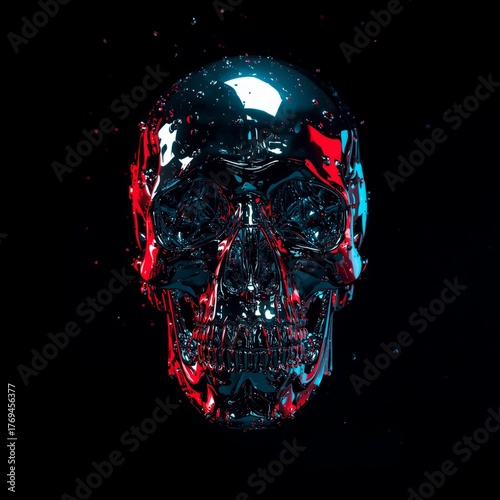 Abstract metallic skull with red and blue lighting against a black background