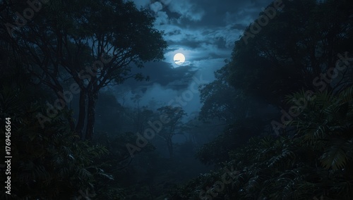 Moonlit forest scene with trees and a bright moon in a dark, moody sky
