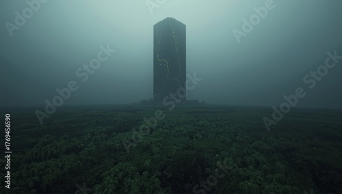 Mysterious monolith in a surreal, foggy landscape with glowing accents
