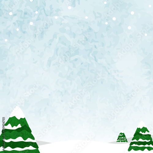 水彩のもみの木と雪の冬景色と青空　クリスマスイラスト　- Watercolor fir tree, snowy winter landscape and blue sky Christmas illustration