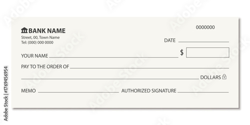 Blank bank check, checkbook cheque. Blank financial check template. Editable check design for transaction