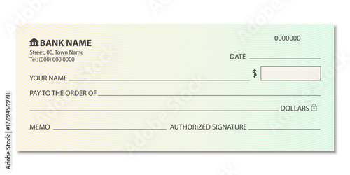 Blank bank check, checkbook cheque. Blank financial check template. Editable check design for transaction