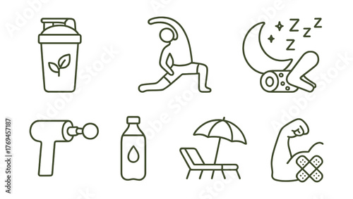 Series of icons for fitness and health, including a person doing yoga