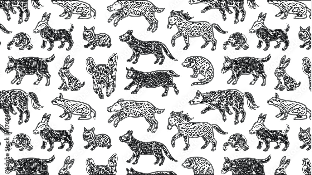 Naklejka premium Black and White Animal Pattern with Horses, Hares, Dogs, Cats, and Other Beasts