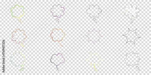 Collection of diverse colorful and black outlined speech and thought bubbles on a transparent background