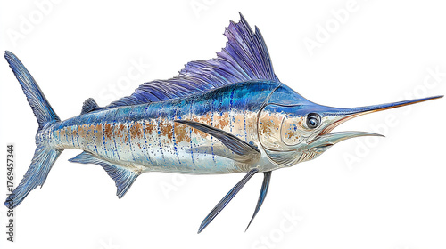 A detailed illustration of a blue marlin fish with a long bill on a white background