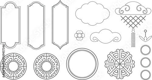 Asianinspired Frame, Cloud, and Geometric Shape Designs Black and White Outline Graphics Set