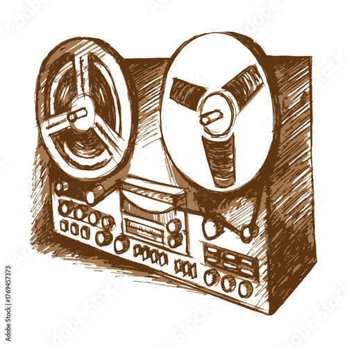 A reel-to-reel tape recorder standing vertically. Sketch, doodle, engraving. Brown palette. Vector illustration