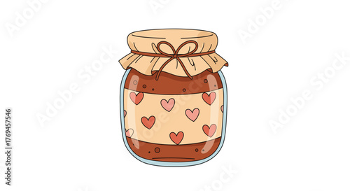 Cute cartoon jar of chocolate spread or jam with heart-patterned label and fabric lid cover, perfect for sweet treats or Valentine's Day.