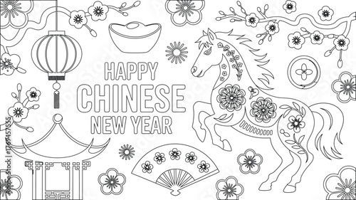Black and White Outline Design Featuring Chinese New Year Horse, Flowers, and Lanterns Illustration