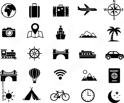 Travel icons in simple black silhouette style scattered on a white background represent modes of transportation and destinations making this suitable for travel-related marketing.