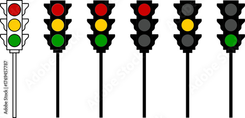 Traffic light with long pole in red, yellow, and green signal. Flat vector illustration for road safety, transportation, and traffic education design concept.