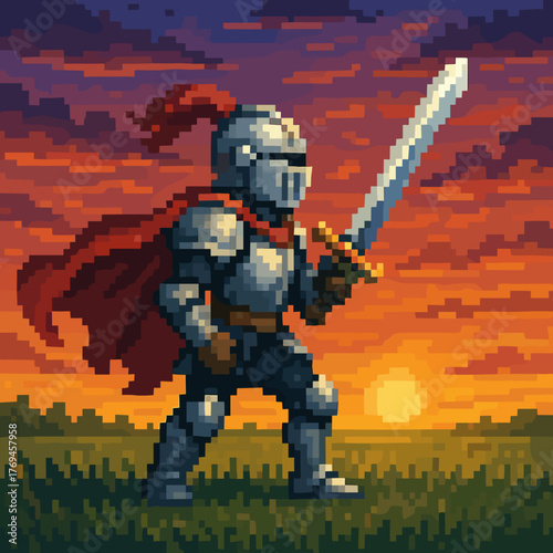 Pixel art knight in armor holding a sword against a sunset background in a vibrant landscape