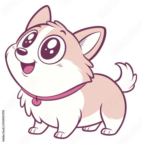 Chubby cartoon Corgi puppy with huge happy eyes wearing a pink collar.Isolated transparent background ( include cut-out PNG file )