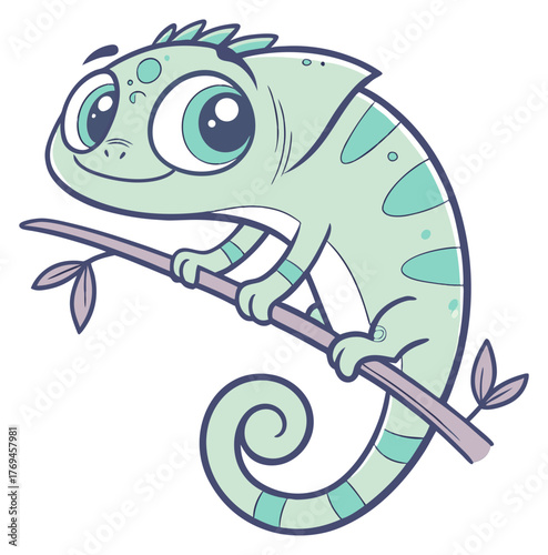 Adorable smiling cartoon chameleon perched on a branch with big expressive eyes.Isolated transparent background ( include cut-out PNG file )