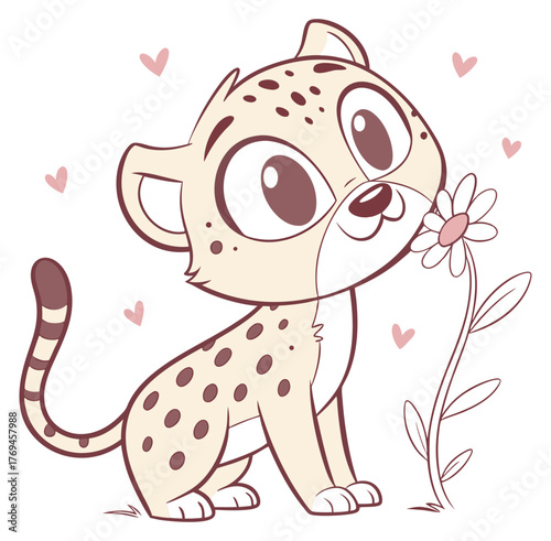 Sweet spotted cheetah cub sniffing a flower with hearts floating in the air.Isolated transparent background ( include cut-out PNG file )