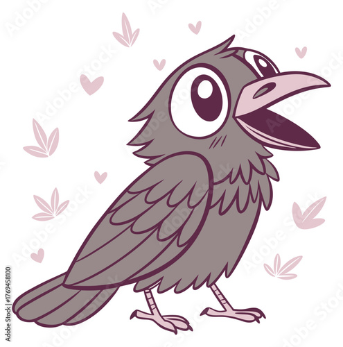 Cheering gray cartoon bird with wide open beak surrounded by hearts and leaves. Isolated transparent background ( include cut-out PNG file ).