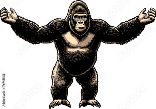 A strong black gorilla with arms outstretched stands powerfully on a white background, inviting connection or showcasing something, ideal for educational or conservation themed designs.