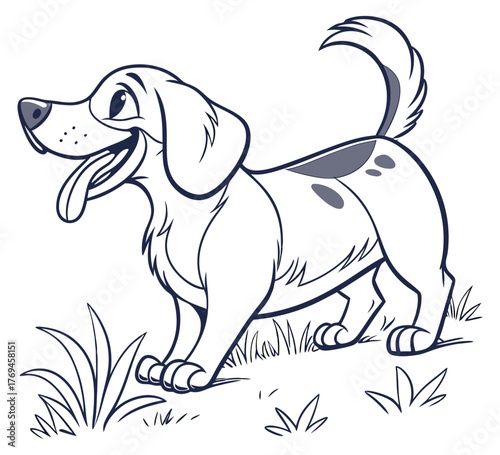 Joyful cartoon dog panting with its tongue out standing on a patch of grass Isolated transparent background ( include cut-out PNG file )