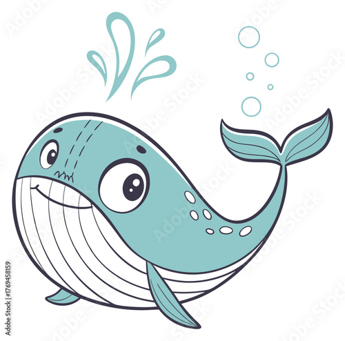 Grinning cartoon blue whale spouting water happy with bubbles.Isolated transparent background ( include cut-out PNG file )