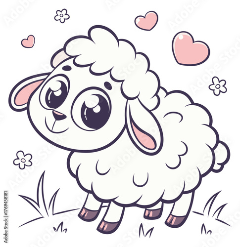 Very cute fluffy white baby lamb smiling with big eyes hearts and flowers.Isolated transparent background ( include cut-out PNG file )