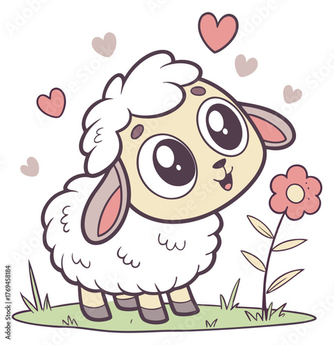 Charming fluffy lamb with huge eyes looking at flower hearts floating around.Isolated transparent background ( include cut-out PNG file )