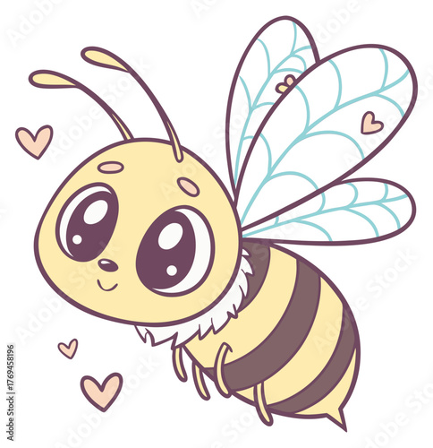 Adorable plump cartoon honey bee big eyes flying with pastel hearts.Isolated transparent background ( include cut-out PNG file ).