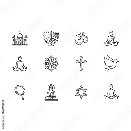 Line drawing of world religion icons perfect for presentations and educational materials