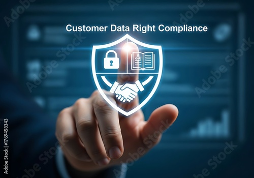 Hand interacting with a digital interface displaying customer data right compliance, highlighting data protection, privacy regulations, and ethical data handling practices