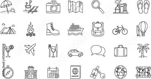 Monochrome line art icons depict travel-related activities and items for vacation planning and holidays, presented in a minimalist style for use in tourism and recreational themed designs.
