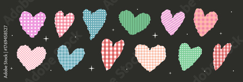 Set of tear paper hearts with checkered pattern. Cut color heart with torn edge. Shape love doodle scrap. Vector illustration