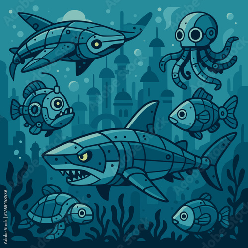 Stylized underwater scene featuring a shark, fish, octopus, and turtles in a vibrant aquatic setting