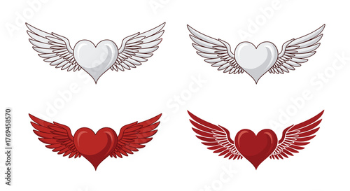 Set of four distinct winged heart illustrations, featuring two white and two red hearts with varying feather and wing details.