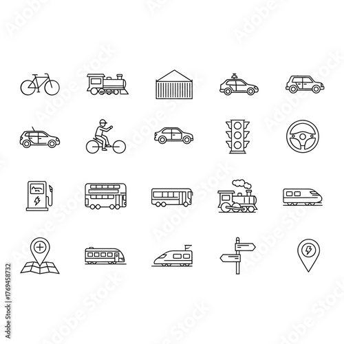 Transportation icons, representing various modes of transport for travel, logistics, and urban planning