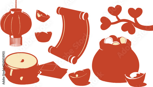 Chinese New Year Illustration with Lantern, Scroll, Coins, Gold Ingots, Envelope and Heart Blossoms