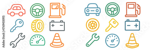 Collection of car-related icons depicting various tools, equipment, and symbols associated with vehicles and maintenance