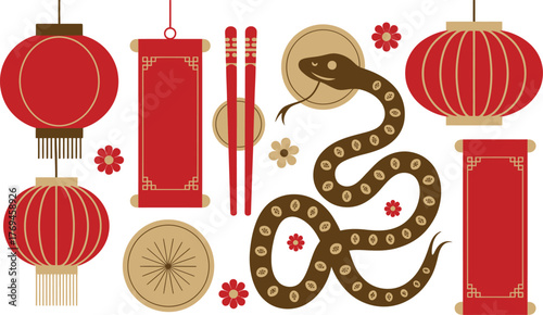 Chinese New Year Illustration with Snake, Lanterns, Scrolls, Chopsticks and Flowers on White Background