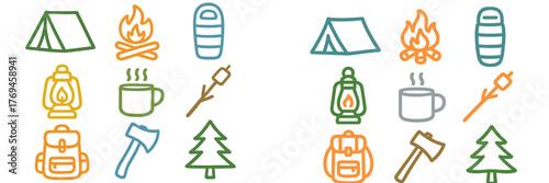Collection of camping icons featuring tents, campfires, bags, and outdoor gear in colorful designs