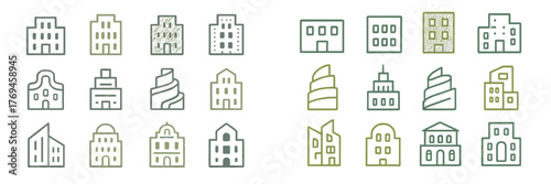 Collection of simple building icons showcasing different architectural styles in a clean, minimalist design