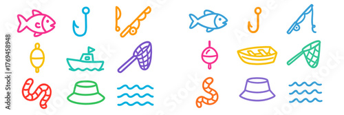Colorful fishing icons including fish, hooks, nets, and boats displayed in a playful design suitable for various creative projects