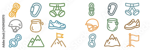 Climbing gear and mountain imagery illustrating outdoor adventure equipment for climbing activities, focusing on safety and exploration essentials