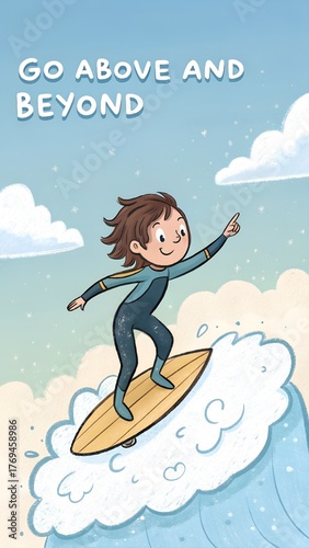 Cartoon Boy Surfing a Wave in the Ocean