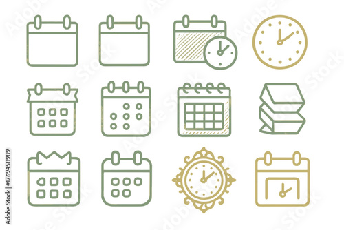 Different calendar and clock designs in a simple layout for planning and scheduling activities