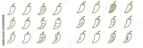A collection of chili pepper illustrations arranged in a grid, displaying a variety of shapes, sizes, and designs