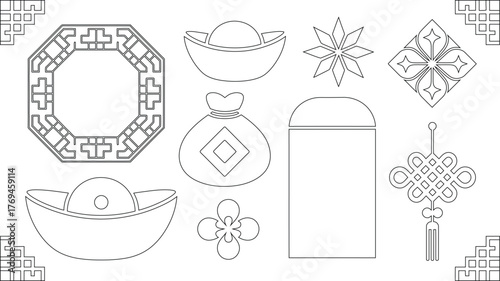 Chinese New Year Outline Design Golden Ingots, Lucky Knot, Red Envelope, and Traditional Decorations