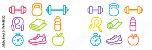 Colorful fitness icons representing exercise, nutrition, and equipment setup for a healthy lifestyle
